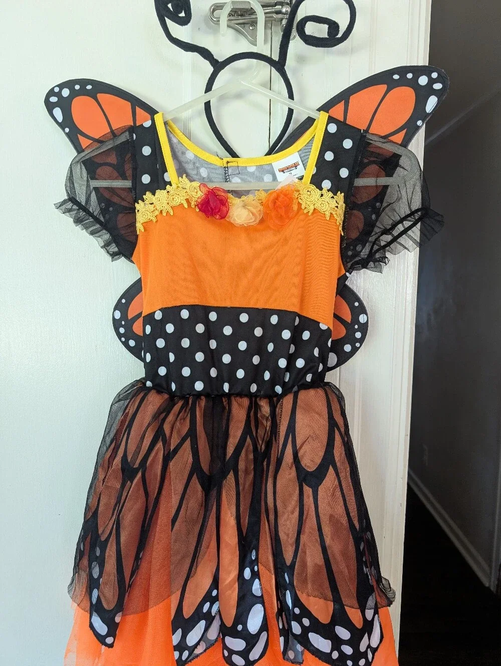 Girls Orange and Black Monarch Butterfly Costume with Floral Trim